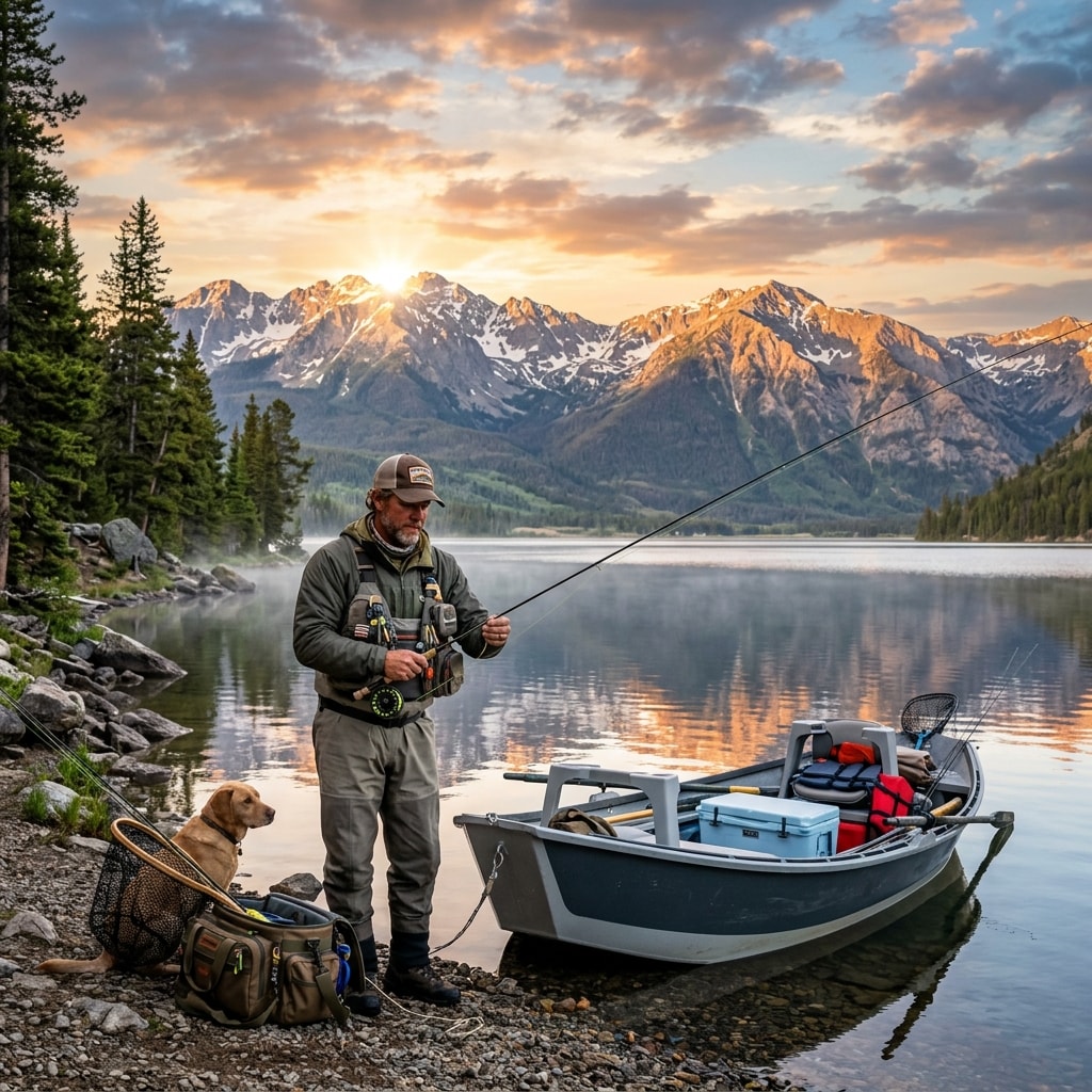 Professional guide with fishing gear in a scenic mountain lake landscape